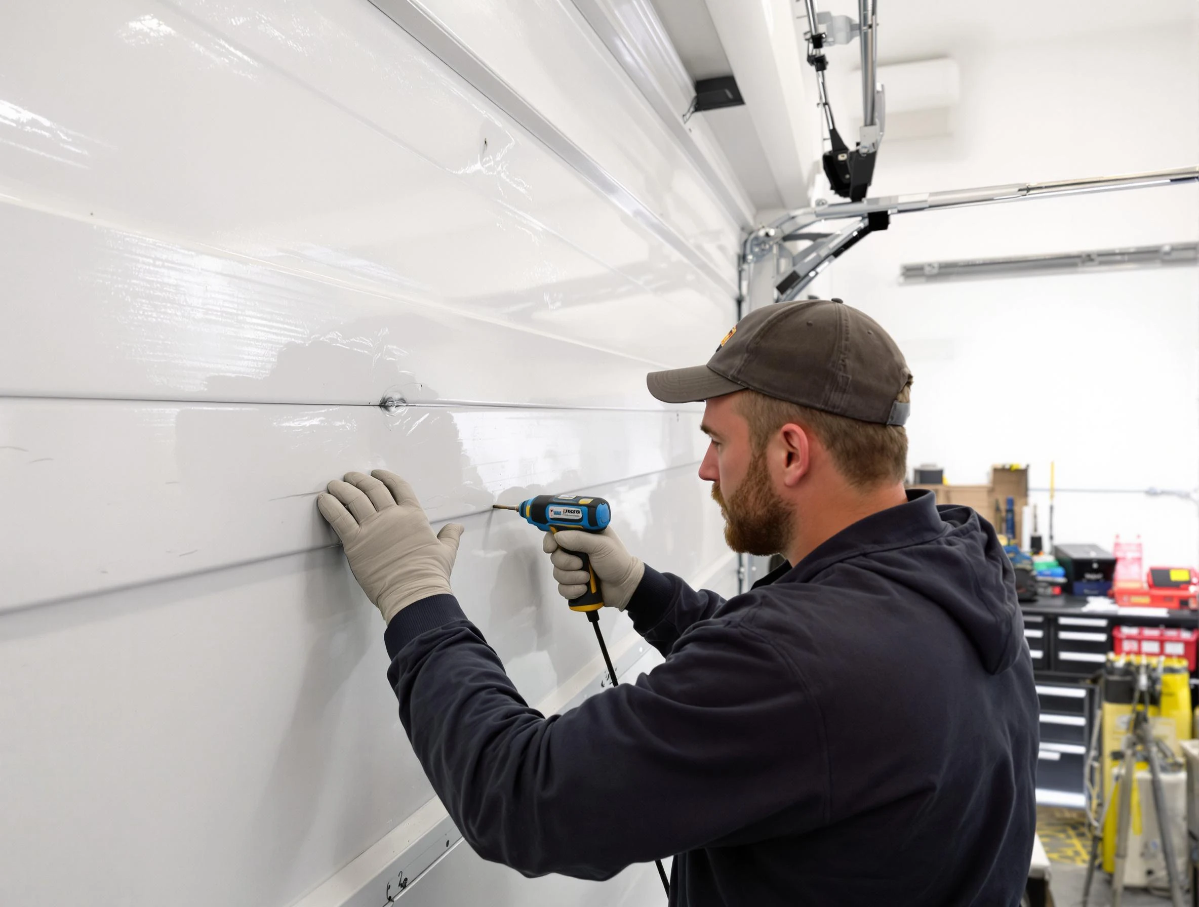 Brockton Garage Door Repair technician demonstrating precision dent removal techniques on a Brockton garage door